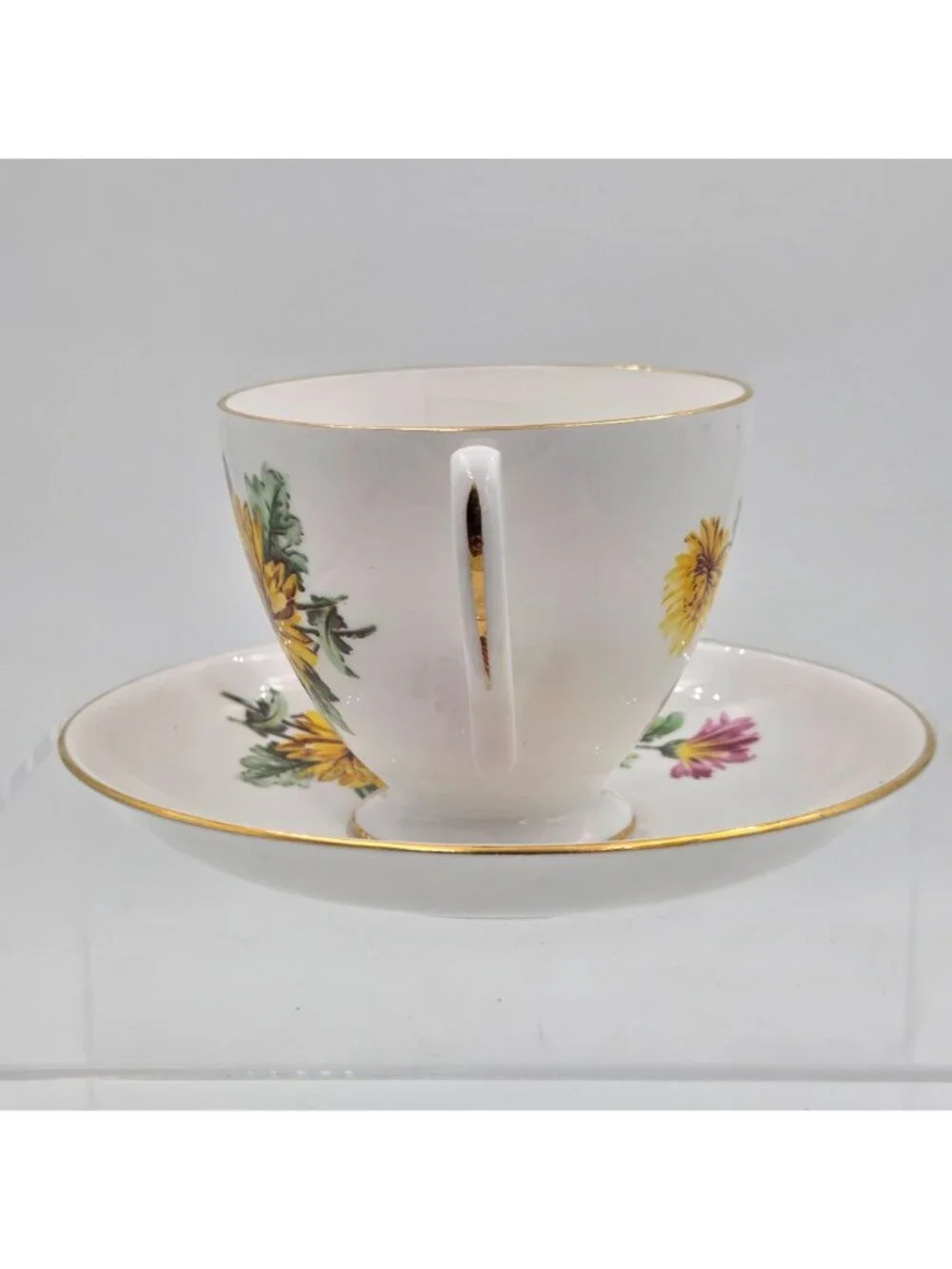 Pink and Yellow Chrysanthemum Bone China Footed Tea Cup and Saucer England